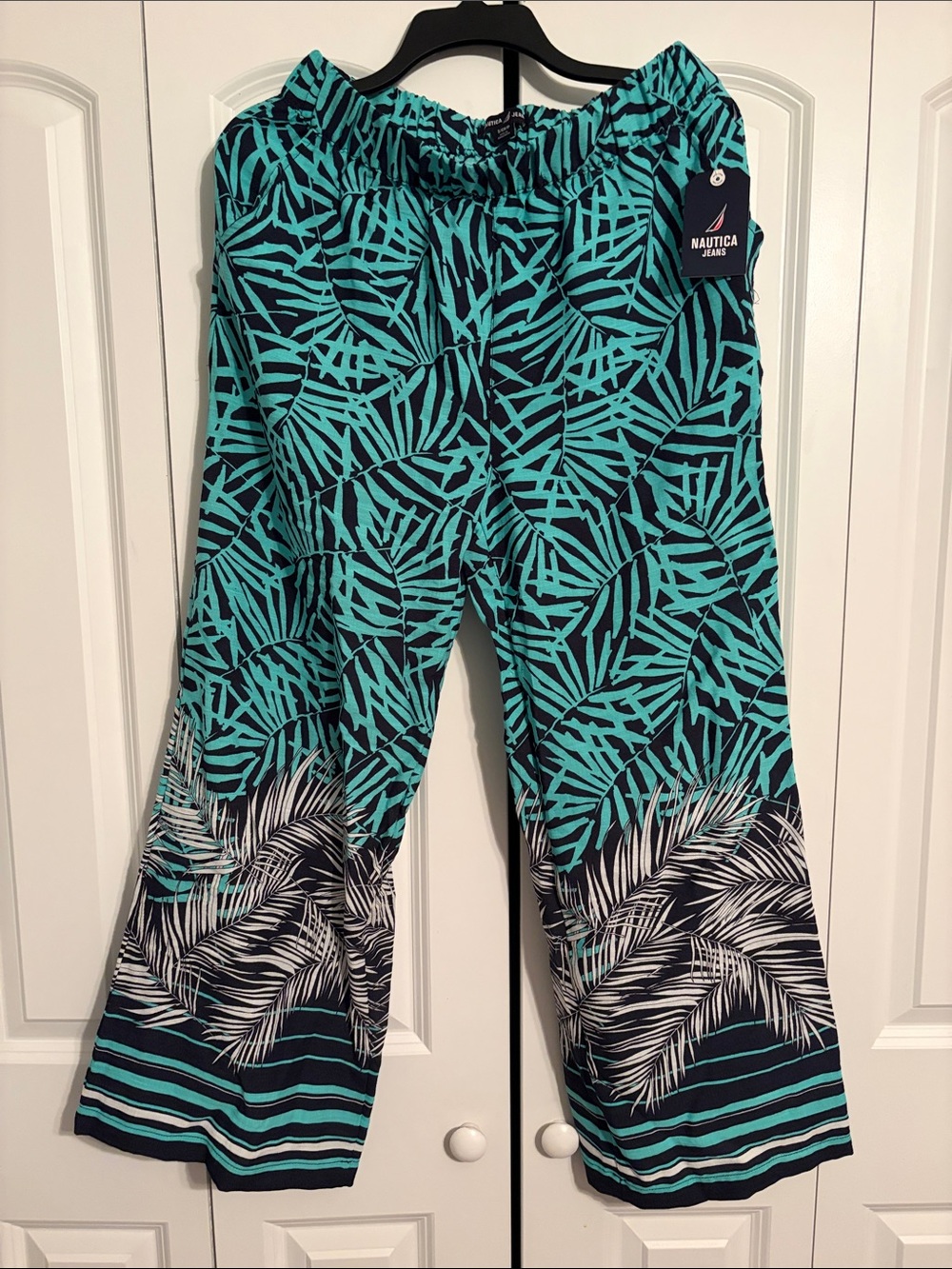 Nautica Teal and Navy Palm-Print Wide Leg Pants